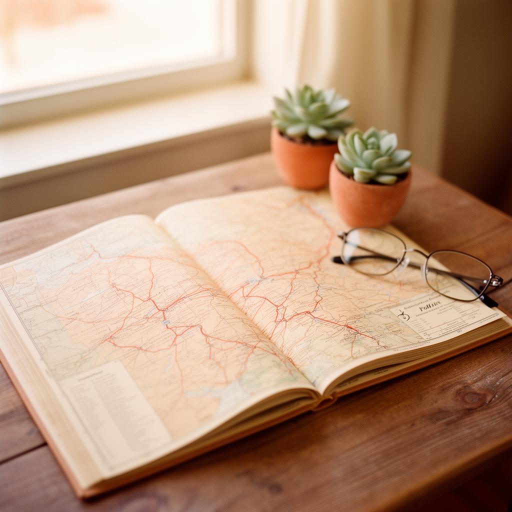 A vintage road atlas open on a wooden table with reading glasses and soft natural light