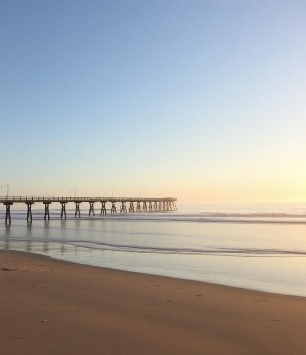 Calm California beach with a long wooden pier at sunrise