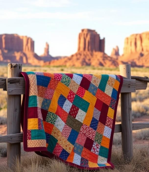 Patchwork quilt on a wooden fence with Moab red rocks behind it