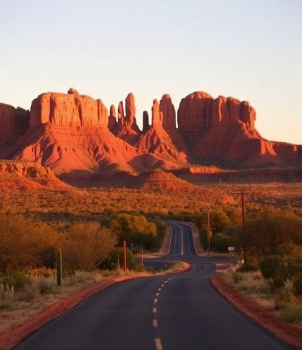 Sedona red rock spires at golden hour with a quiet desert road