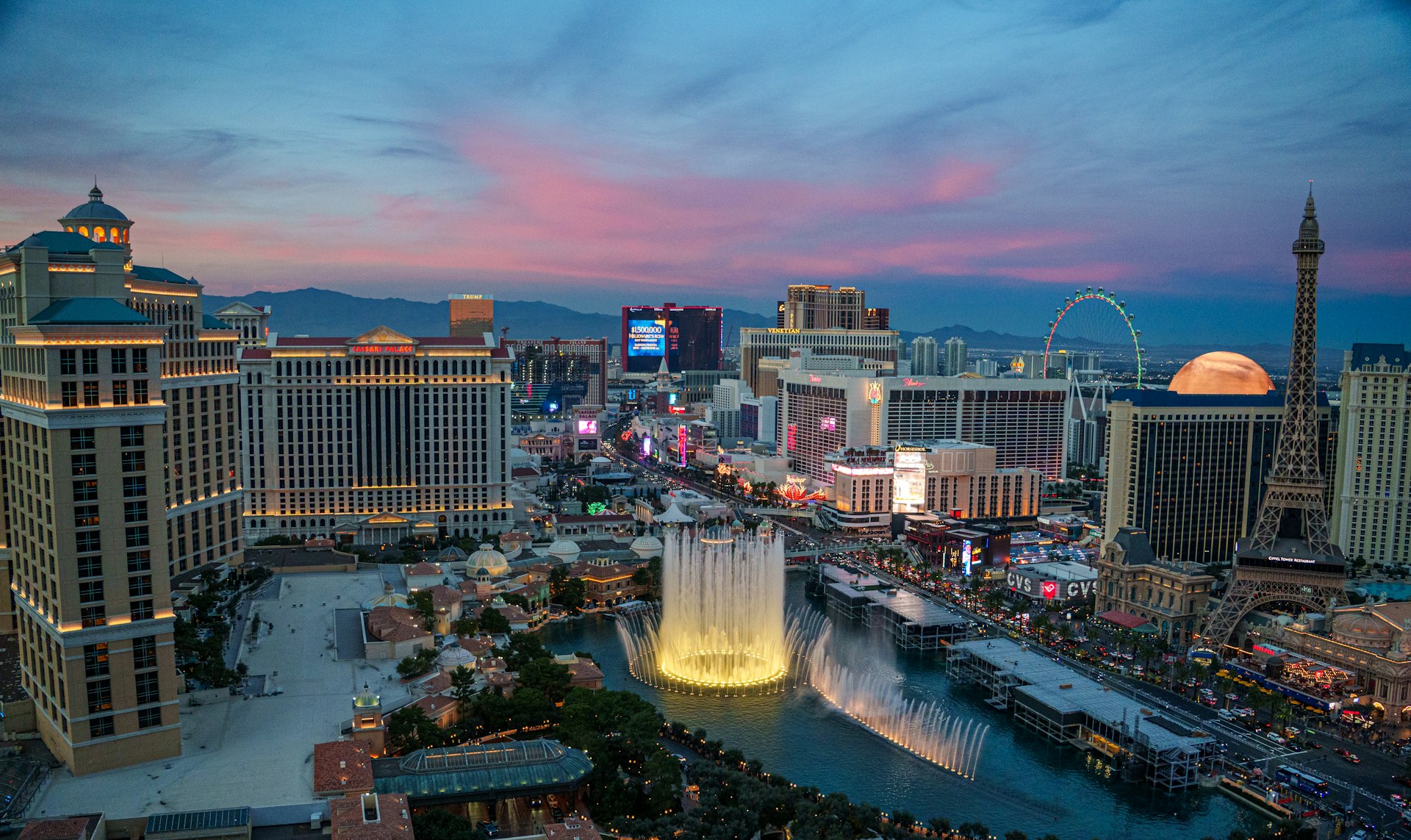Vintage Las Vegas neon signs glowing at dusk